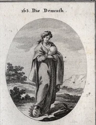 Allegori om ydmykheten. Under foten hans, en krone av gull beriket med edelstener. Hun dedain vurderer en ball som representerer jorden som hun savner storheten. Gravering i "" Iconologie oder Ideen aus dem Gebiete der Leidenschaften und Alleg