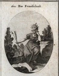 Allegory of the inimite with a helmet trimmed with iron tips. Her dress is strewn with flames. The two arrows she holds to the opposite are synonymous with contradiction. Engraving in “” Iconologie oder Ideen aus dem Gebiete der Leidenschaften und Allegori