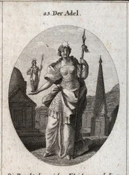 Allegori om adelen. Stjernen betyr heving av følelser. Statuen av Minerva og spydet markerer at den kan oppnå fordelene innen vitenskap og våpen. Gravering i "" Iconologie oder Ideen aus dem Gebiete der Leidenschaften und Allegorien bild