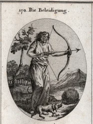 Allegory of the offence in the process of decoding an arrow and whose clothing is filled with tongues and knives. Attack by dogs the herisson that throws his darts means the compulsion to repel the offense by offense. Engraving in “” Iconologie oder Ideen 