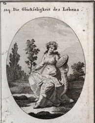 Allegory of the prosperity of life. richly clothed and crowned with grapes and attributes of wealth and abundance. The oak branch filled with leaves and fruit means health but also solidify and incorruptibilite. Engraving in “” Iconologie oder Ideen aus de