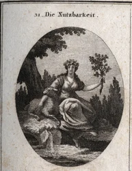 Allegori om nytte. Kronet med druer og apuyee på en sau holder hun en eikegren fylt med frukt og blader som symboliserer ting som er nyttige for livet, akkurat som kildevannet hun sitter i nærheten av. Gravering i "" Iconologie oder Ideen aus dem Gebiete d