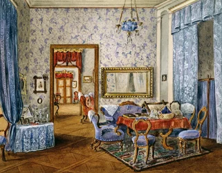 Soverom i Biedermeierstil, omkring 1830, akvarell, Østerrike