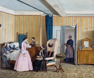 Biedermeier-stil soverom, akvarell, Østerrike