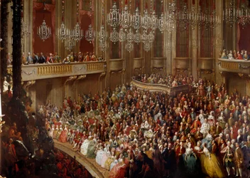 Konsert i Wien i nærvær av den keiserlige familien. Maleri av den østerrikske skolen på 1700-tallet. Schönbrunn slott
