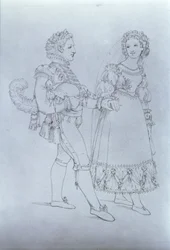 Kostymedesign for Figaro og Susanna fra operaen "The Marriage of Figaro" av Wolfgang Amadeus Mozart (1756-91) (gravering)