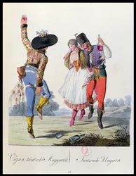 Ungarske dansere i tradisjonell kjole, illustrasjon fra en bok Costumes de Pannonie av J.H. de Bikkesy, utgitt i Wien, 1810 (fargegravering)