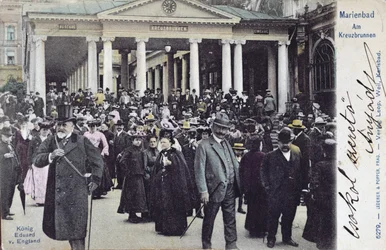Postkort som viser kong Edward VII (1841-1910) på besøk i spaet i Marienbad, ca. 1905