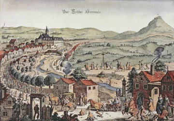 Utsikt over nord i Wien med Schlos Hernals og Kahlenberg-åsene i bakgrunnen (gravering)