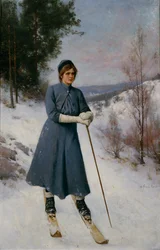 Jente på ski (olje på lerret)