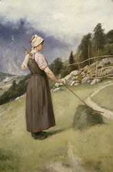 Jente som raker høy (olje på lerret)