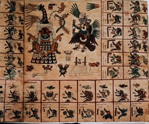 Fremstilling av aztekiske guddommer og felter som svarer til kalenderen. Side fra det aztekiske manuskriptet på bark «Codex Borbonicus», en førkolumbisk innfødt kodeks fra det sentrale Mexico, sent 15. århundre. Nasjonalforsamlingens bibliotek (Palais