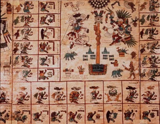 Fremstilling av aztekiske guddommer og felter som svarer til kalenderen. Side fra det aztekiske manuskriptet på bark «Codex Borbonicus», førkolumbisk innfødt kodeks fra det sentrale Mexico, sent 15. århundre. Nasjonalforsamlingens bibliotek (Palais