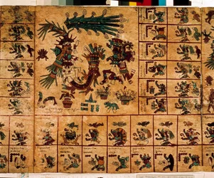 Fremstilling av aztekiske guddommer og felter som svarer til kalenderen. Side fra det aztekiske manuskriptet på bark «Codex Borbonicus», førkolumbisk innfødt kodeks fra det sentrale Mexico, sent 15. århundre. Nasjonalforsamlingens bibliotek (Palais