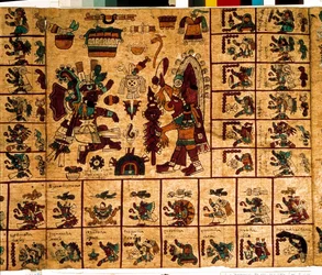 Fremstilling av aztekiske guddommer og felter som svarer til kalenderen. Side fra det aztekiske manuskriptet på bark "Codex Borbonicus", en førkolumbisk urfolkskodeks fra det sentrale Mexico, sent 15. århundre. Nasjonalforsamlingens bibliotek (Palais