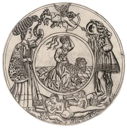 Aristoteles og Phyllis, omgitt av en ung mann og kvinne med Eros, og en liggende naken kvinne med to barn, andre halvdel av 1400-tallet