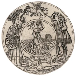 Aristoteles og Phyllis, omgitt av en ung mann og kvinne med Eros, og en liggende naken kvinne med to barn, andre halvdel av 1400-tallet