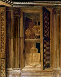 Intarsia-panel som viser et skap med en gitterdør, i studiet til Federigo da Montefeltro, hertugen av Urbino (tre)