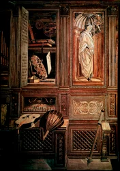 Studioloet til hertug Federico III da Montefeltro, hertug av Urbino (Urbino), på italiensk Federico III da Montefeltro (1422-1482). Detalj med framstilling av en mazzocchio. Treinnlegg, listverk utført av Baccio Pontelli (1450-92) etter tegninger av