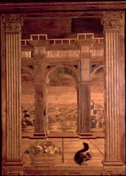 Studiet til Federigo da Montefeltro, hertugen av Urbino: intarsia-paneler som viser et omfattende landskap sett gjennom buene til en arkadeformet terrasse, designet av Baccio Pontelli (d.1492)