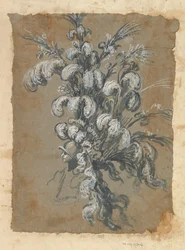 Design for en overdådig hodeplagg med fjær på en hjelm, ca. 1620-56.