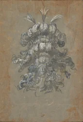 Design for en overdådig hodeplagg med fjær på en hjelm sett forfra, ca. 1620-56.