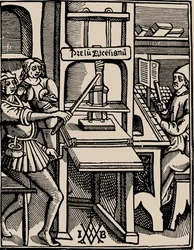 Prelum Ascensianum: skriverens enhet med trykkpressen i arbeid, 1508.