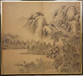 Landskapsscene med fjell og innsjø, 1780-tallet (Par topanelsskjermer; blekk og lett farge på papir)
