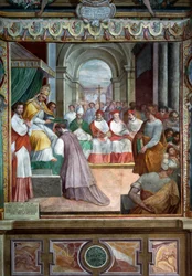 Celestine III innviet første biskop av Viterbo i 1192, detalj av fresker av Baldassare Croce