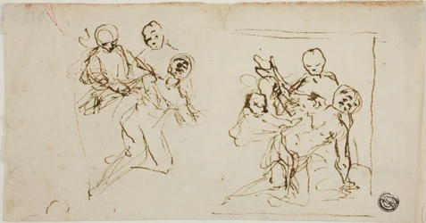 To komposisjonsskisser av en kollapsende figur støttet av to andre figurer (recto); komposisjonsskisse av en knelende figur ledsaget av to andre figurer