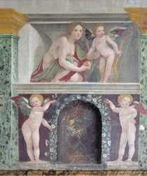 The Hall of Prospective Hall of Prospective detalj av trompe loeil nisje som viser Venus og Amor, freskomaleri fra 1518-19