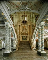 Utsikt over den store trappen i Augustusburg slott, tegnet av arkitekten Johann Balthasar Neumann (1687-1753), Brühl, Tyskland