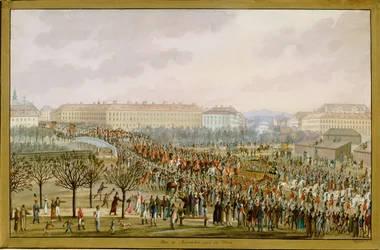 Keiserinne Karoline Augusta, keiser Franz Is fjerde kone, går inn i Wien 10. november … (gouache)