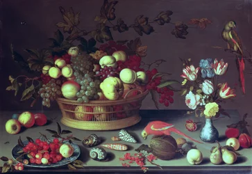 En kurv med druer og annen frukt (olje på panel)