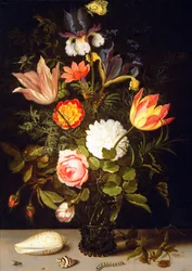 Stilleben med blomster i et rømerglass og to skjell