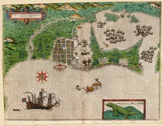 Cartagena, fra Drakes West Indian Voyage 1585 - 86, pub. 1589 (håndfarget gravering)
