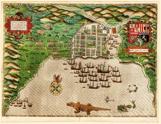 Domingo, fra Drakes West Indian Voyage 1585 - 86, pub. 1589 (håndfarget gravering)