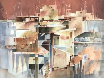 Abstrakt Pueblo, ca. 1980–90 (akvarell på papir)