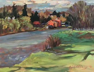 Landsby ved Kennebunkport-elven, ca. 1980–90 (olje på lerret)