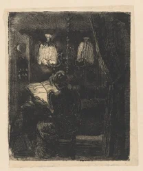 Sientje Mesdag-van Houten leser ved bordet