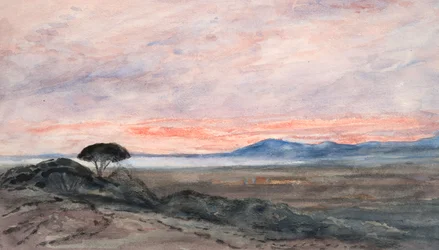 Landskap: Solnedgang (akvarell på vevd papir)