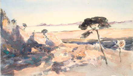 Landskap: Tre med rosa fjell (akvarell og grafitt på vevd papir)
