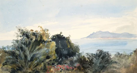 Landskap med vannmasse (akvarell på vevd papir)