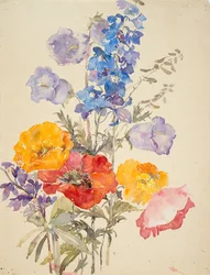 Gule, røde og blå blomster (akvarell og grafitt på lagt papir)