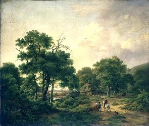 Skoglandskap med figurer (olje på lerret)