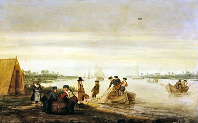 Elvescene med fiskere som tegner garn