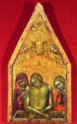 Pieta tempera på panel med påført tekstil