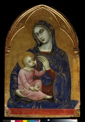 Jomfruen og Mariabarnet ammer Jesus Kristus som har et halskjede av koraller. Maleri på tre av Barnaba da Modena (kjent fra 1361 til 1383) Dim. 1,09x0,72 m Paris, Musée du Louvre.