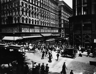 State and Madison Streets, Chicago, Illinois, USA, ca. 1905 (s/hvitt-bilde)