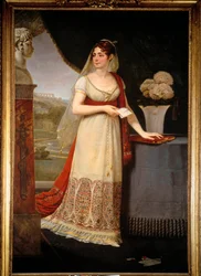 Hellengdeportrett av Josephine de Beauharnais (1763-1814) Hun ser på en byste som viser sønnen hennes, Eugene Rose de Beauharnais dit le Prince Eugene (1781-1824), et Malmaison - maleri av Antoine Jean Gros (1771-1835)